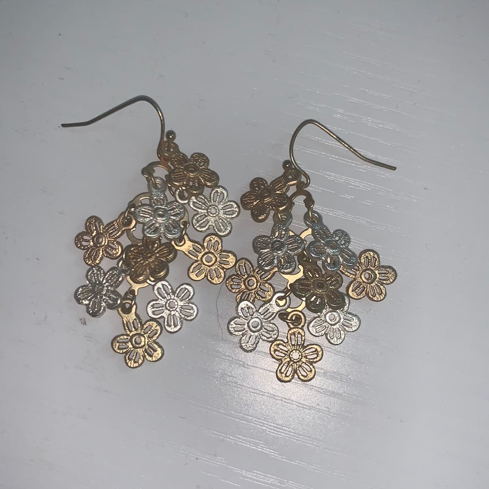 Silver and gold flower dangling earrings